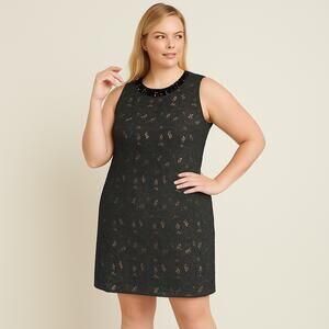 Adrianna Papell Plus Siz 20W Black Open Lace Beaded Neck Evening Dress Cocktail
